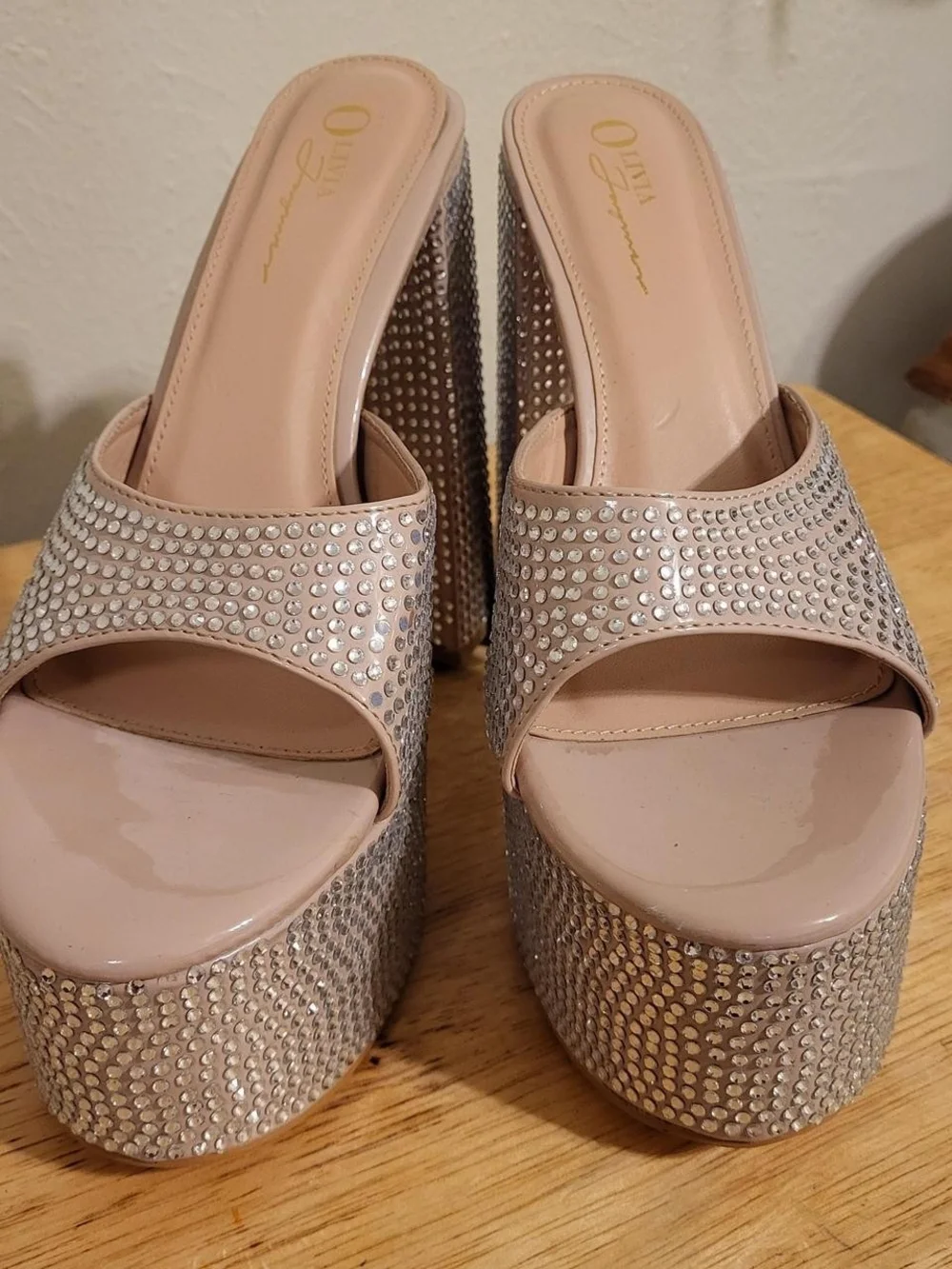 Platform Mule Heels with Crystal Embellishment - Nude